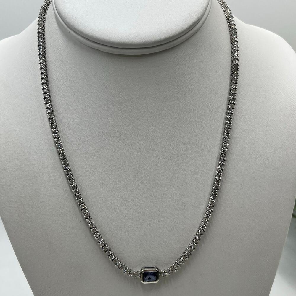 YGI Sterling Silver lolite/Tanzanite Emerald Cut Center Stone CZ Tennis Necklace